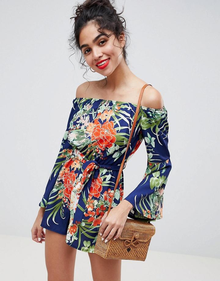 Parisian Tropical Print Off Shoulder Romper - Navy