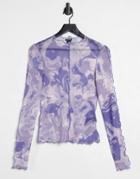 Monki Fairly Mesh Long Sleeved Top In Blue Swirl Print-blues