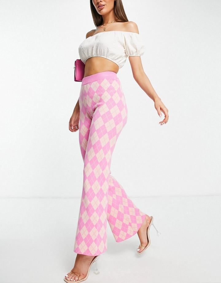 Qed London Wide Leg Knit Pants In Pink Argyle - Part Of A Set