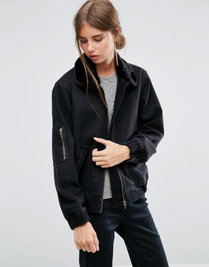 Asos Denim Bomber Jacket In Washed Black With Faux Fur Collar - Black
