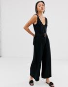 Asos Design Plunge Belted Buckle Sleeveless Jumpsuit-black