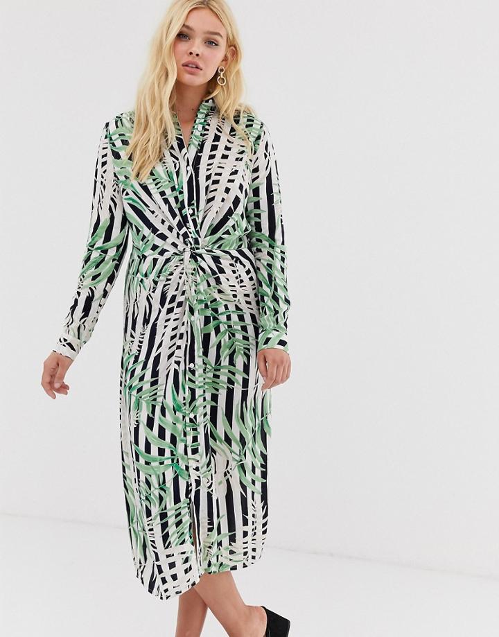 Qed London Midi Shirt Dress With Knot Front Detail In Stripe And Leaf Print-multi