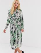 Qed London Midi Shirt Dress With Knot Front Detail In Stripe And Leaf Print-multi