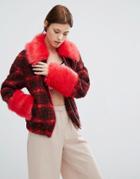 Urbancode Checked Bomber Jacket With Faux Fur Collar And Cuffs - Red
