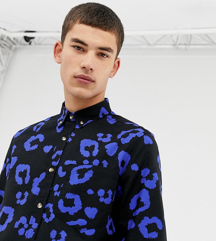 Collusion Tall Regular Fit Oxford Shirt In Leopard Print - Black