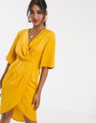 Unique21 Luxe Stain Pleated Wrap Midi Dress - Yellow