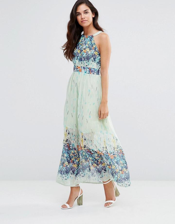 Pussycat London Maxi Dress In Floral Border Print - Mint