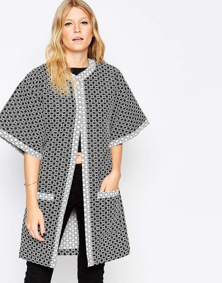 Liquorish Kimono Jacket In Monochrome Tile Print - Monochrome