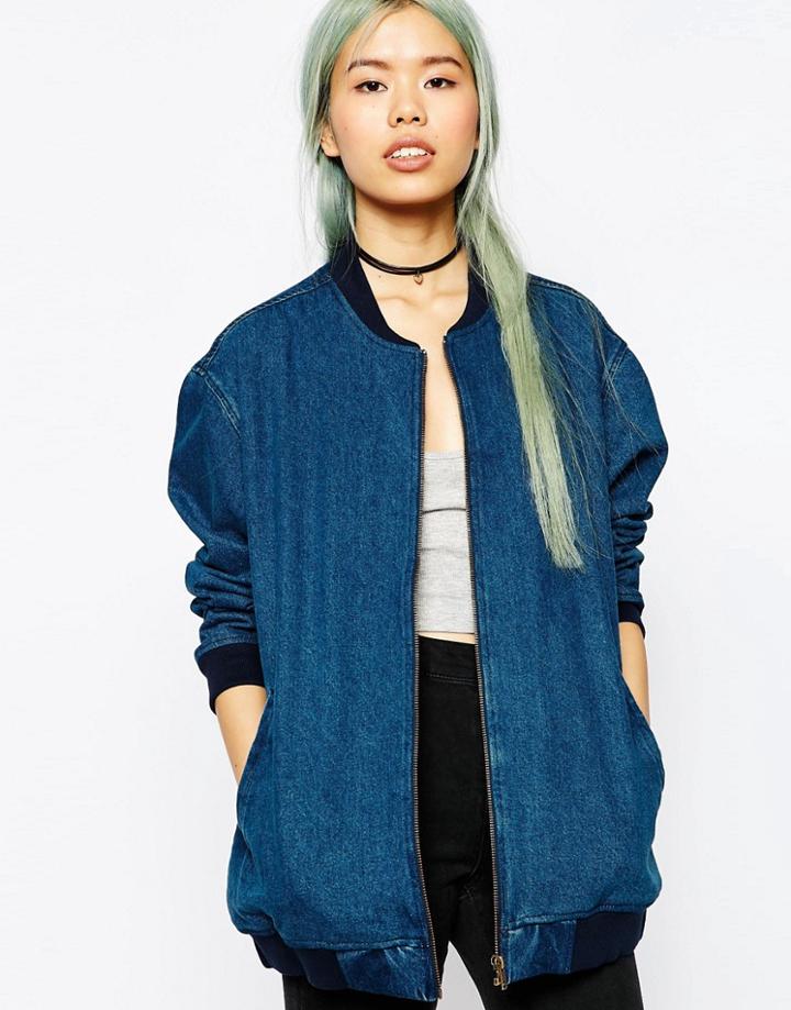 Asos Denim Oversized Bomber Jacket - Blue