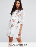 Asos Maternity Premium Midi Skater Dress With Floral Embroidery - White