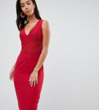 Little Mistress Tall Plunge Front Lace Applique Bodycon Dress-red
