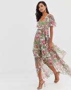 Asos Design Maxi Dress With Cape Back And Dipped Hem In Art Nouveau Print-multi