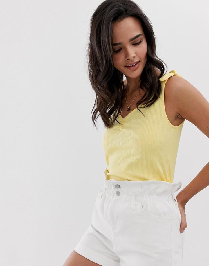 Esprit Ribbed Tie Shoulder Top In Yellow - Yellow