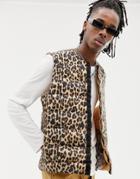 Asos Design Puffer Vest In Leopard Print - Tan