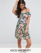 Asos Maternity Cold Shoulder Sundress With Frill Detail In Tropical Print - Multi