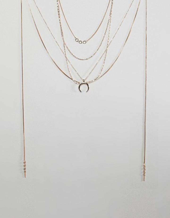 Bershka Multi Layer Necklace With Crescent Charm - Gold