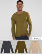 Asos Long Sleeve Extreme Muscle Fit T-shirt 3 Pack Save - Multi