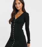 Wild Honey Skater Dress With Faux Pearl Button Front-black