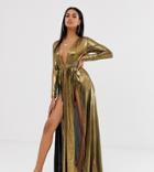 Asos Design Metallic Jersey Plisse Plunge Front Beach Maxi Dress With Splits-brown