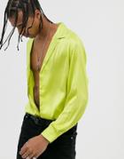 Asos Design Oversized Satin Shirt With Low Revere Collar In Green - Green