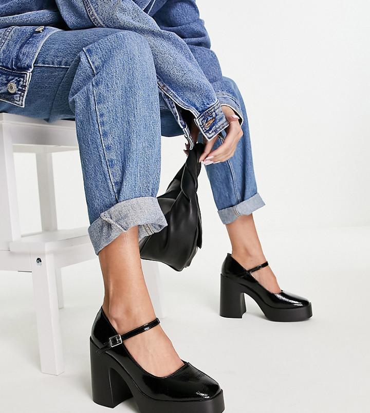Asos Design Wide Fit Penny Platform Mary Jane Heeled Shoes In Black