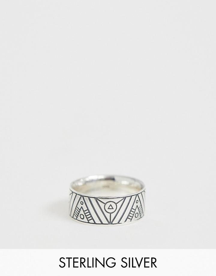 Asos Design Sterling Silver Ring Band Ring With Emboss Detail - Silver