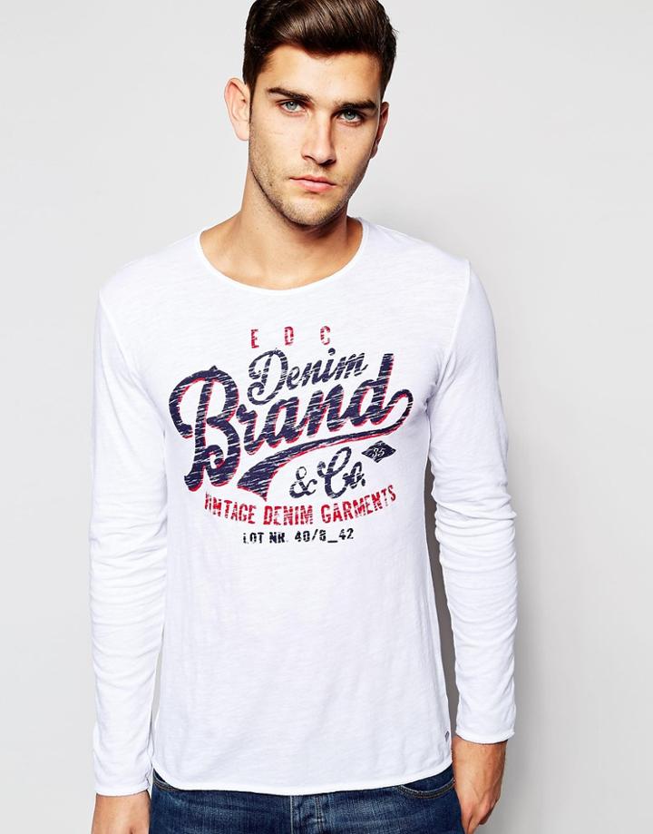 Esprit Long Sleeve T-shirt With Denim Print - White