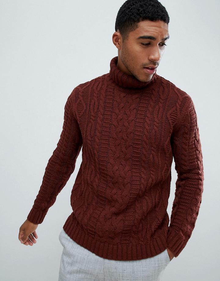 Asos Design Heavyweight Cable Knit Roll Neck Sweater In Brown