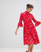 Closet London Premium Allover Floral Print Midi Tie Neck Skater Dress With Fluted Sleeves - Multi