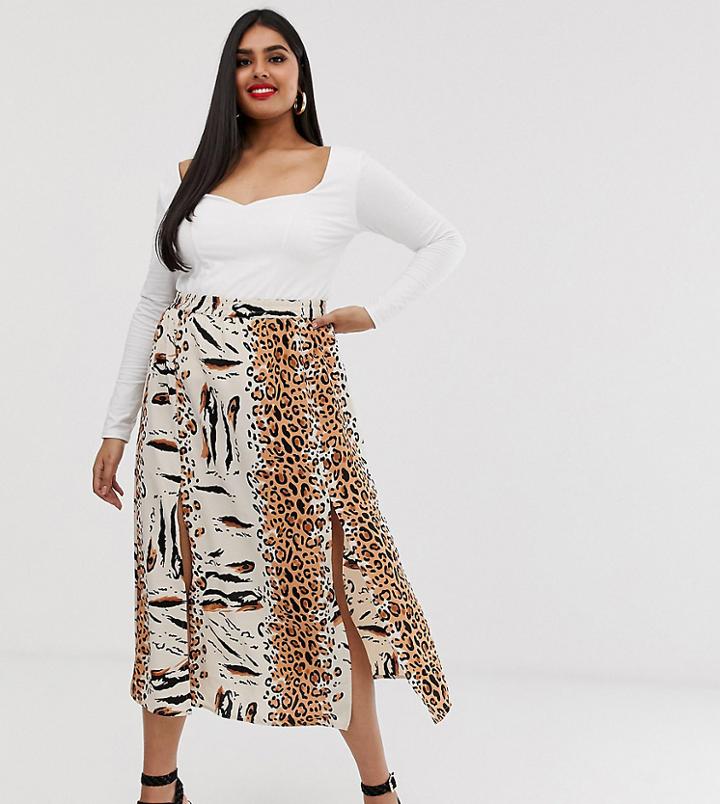 Ax Paris Plus Leopard Maxi Skirt With Splits - Multi