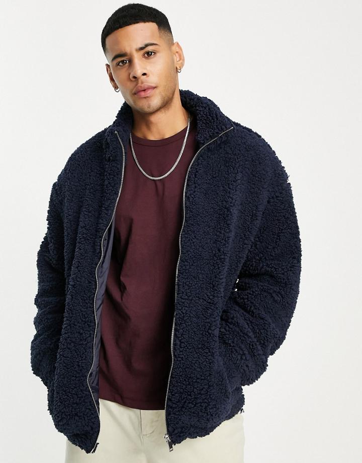 New Look Borg Zip Through Fleece In Navy