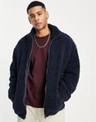 New Look Borg Zip Through Fleece In Navy