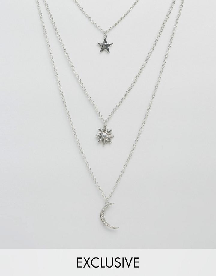 Reclaimed Vintage Sun Moon & Stars Layered Necklace - Silver
