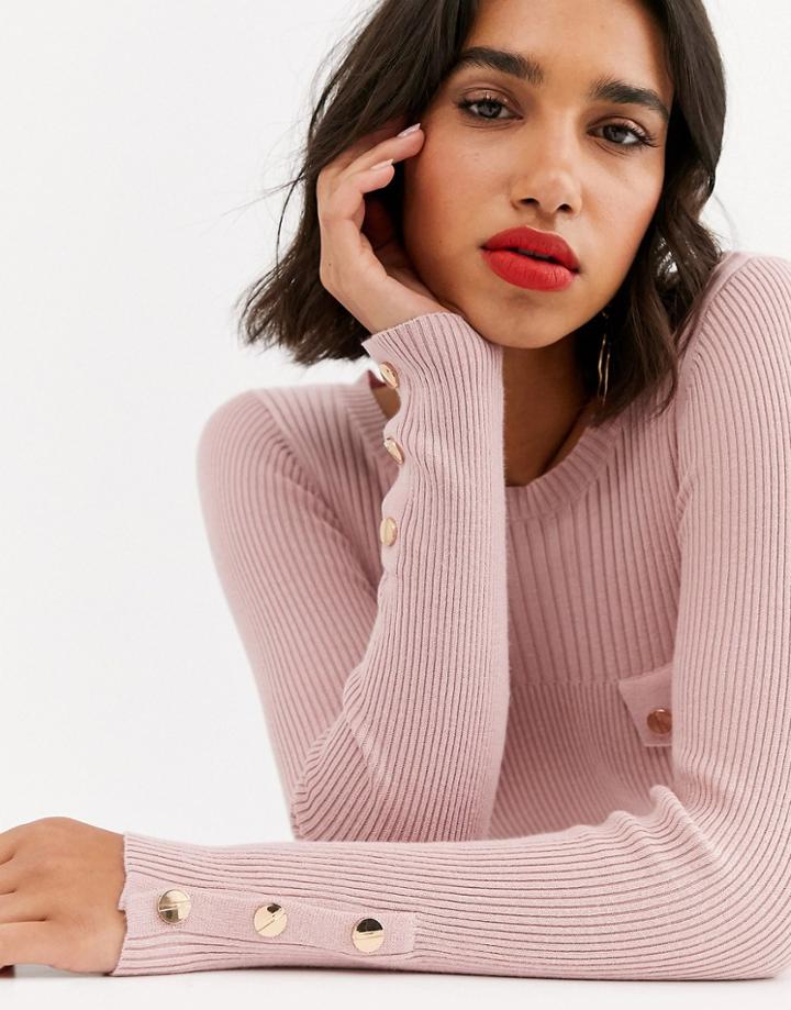 Asos Design Rib Sweater With Button Pocket Detail-beige