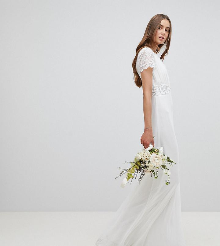 Amelia Rosetall Lace Plunge Front Maxi Dress With Embellished Waist - White
