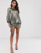 Asos Design Blouson Oversized All Over Sequin Mini Dress-brown