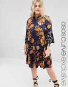 Asos Curve Swing Dress With 3/4 Fluted Sleeve In Mixed Floral Print - Multi