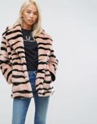 Jakke Mid Length Faux Fur Coat In Animal Stripe - Pink