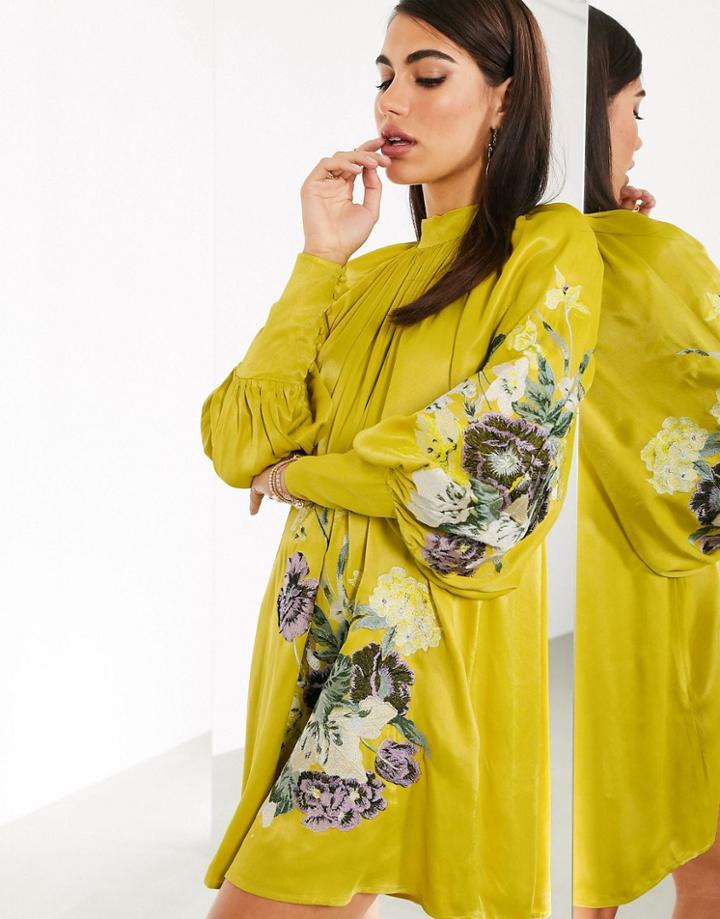 Asos Edition Embroidered Satin Mini Trapeze Dress-yellow