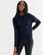 Brave Soul Crew Neck Sweater With Button Detail In Navy