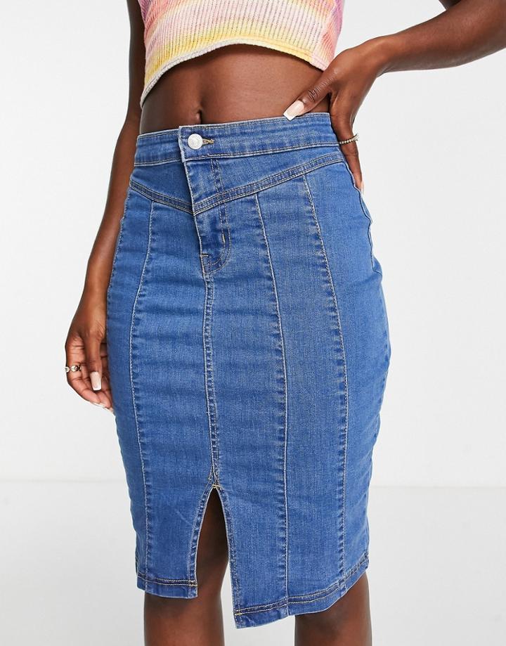 Urban Bliss Denim Skirt With Split In Mid Wash Blue