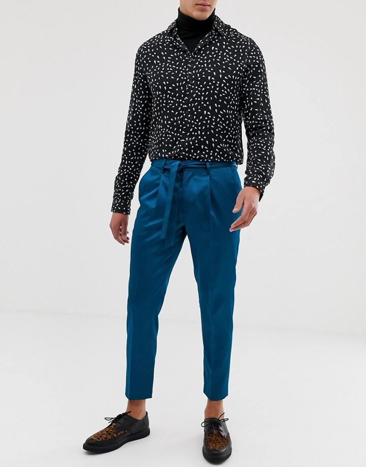 Asos Design Slim Crop Smart Pants In Turquoise High Shine With Tie Waist Detail - Green