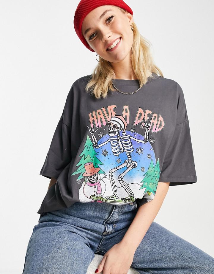 Asos Design Christmas Snowboarding Skeleton T-shirt In Charcoal-gray