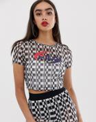 Fila Crop Top Wih Front Logo In Sheer Checkerboard Two-piece-black