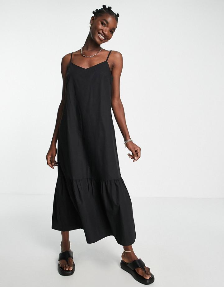 River Island Poplin Tiered Midi Dress In Black