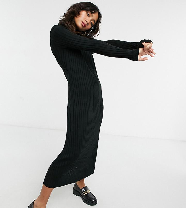 Asos Design Petite Ribbed Maxi Dress With Shoulder Pads And Relaxed Hem In Black