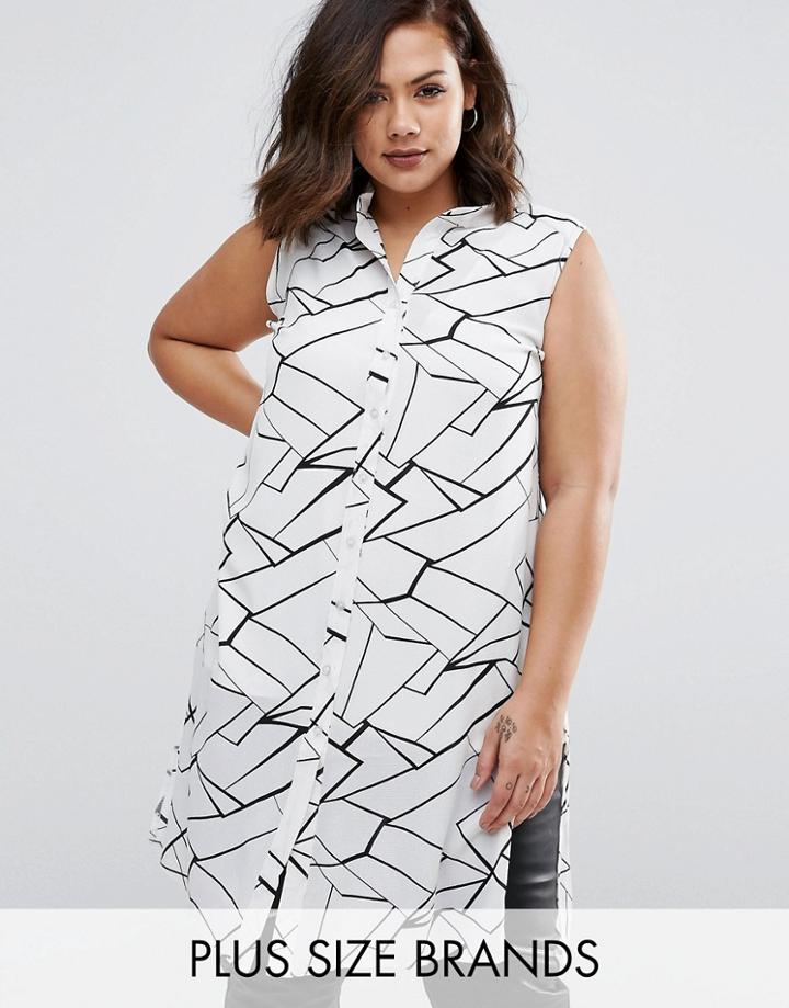 Koko Plus Longline Shirt In Abstract Print - Cream