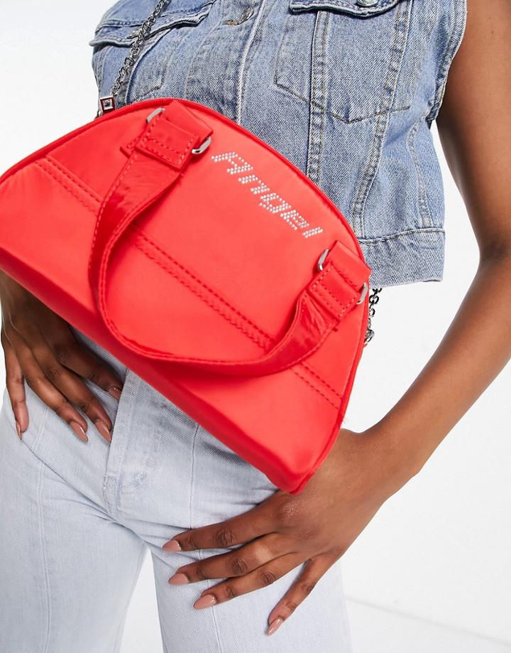 Bershka Bowler Bag With Rhinestone Slogan In Red