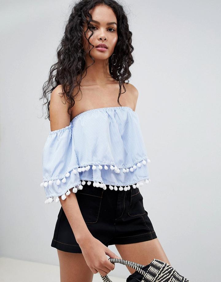 Qed London Off Shoulder Crop Top With Pom Pom Trim - Blue