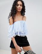 Qed London Off Shoulder Crop Top With Pom Pom Trim - Blue